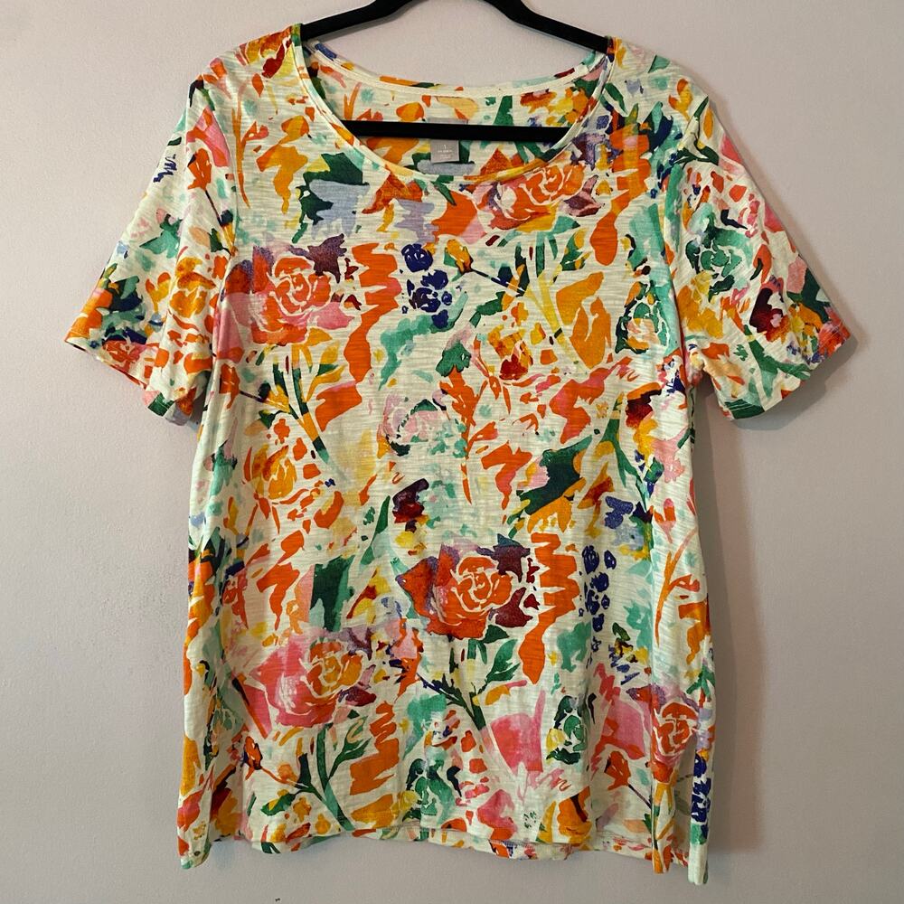 Chico's White Colorful Floral Abstract Artsy T-Shirt Cotton Blend size 1/ Medium
